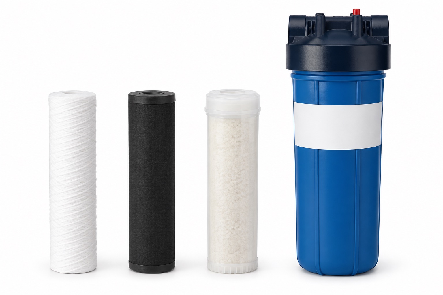 Bleu Blue Cartridge Filter product range: PP Sediment, CTO, GAC cartridges and the FB20 whole-house housing tank